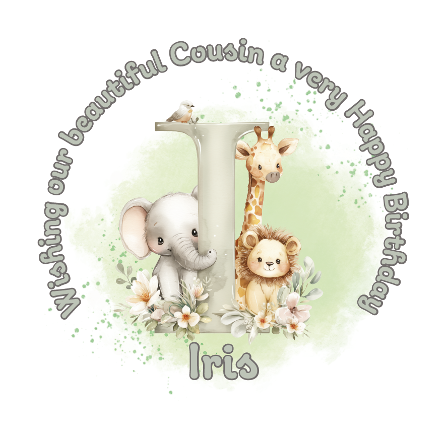 Illustration of a giraffe, elephant, and lion with a letter 'I' on a light green background, featuring birthday wishes  and personalised name, age and relation