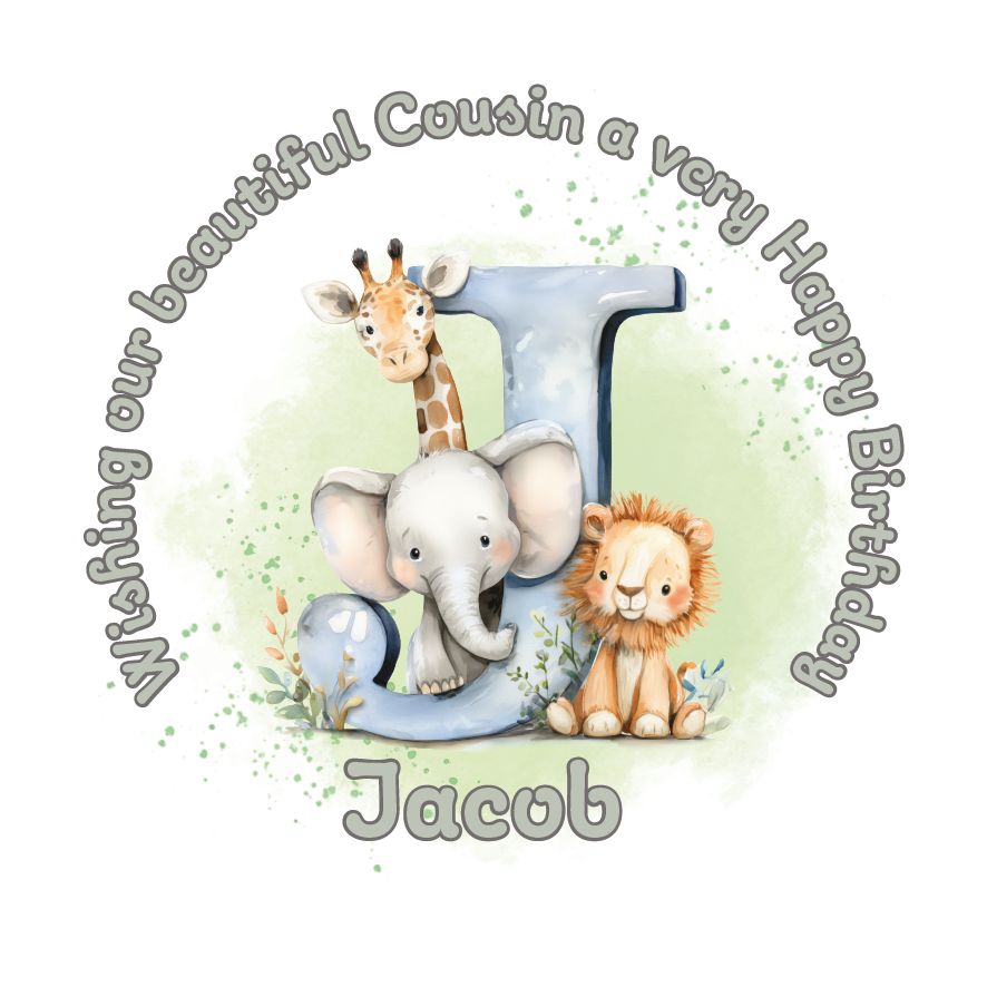 Illustration of a giraffe, elephant, and lion with a letter 'J' on a light green background, featuring birthday wishes  and personalised name, age and relation