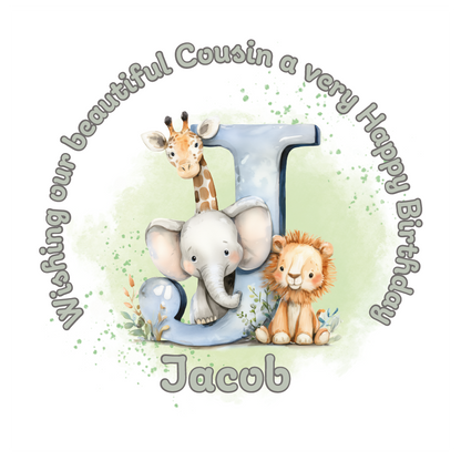 Illustration of a giraffe, elephant, and lion with a letter 'J' on a light green background, featuring birthday wishes  and personalised name, age and relation