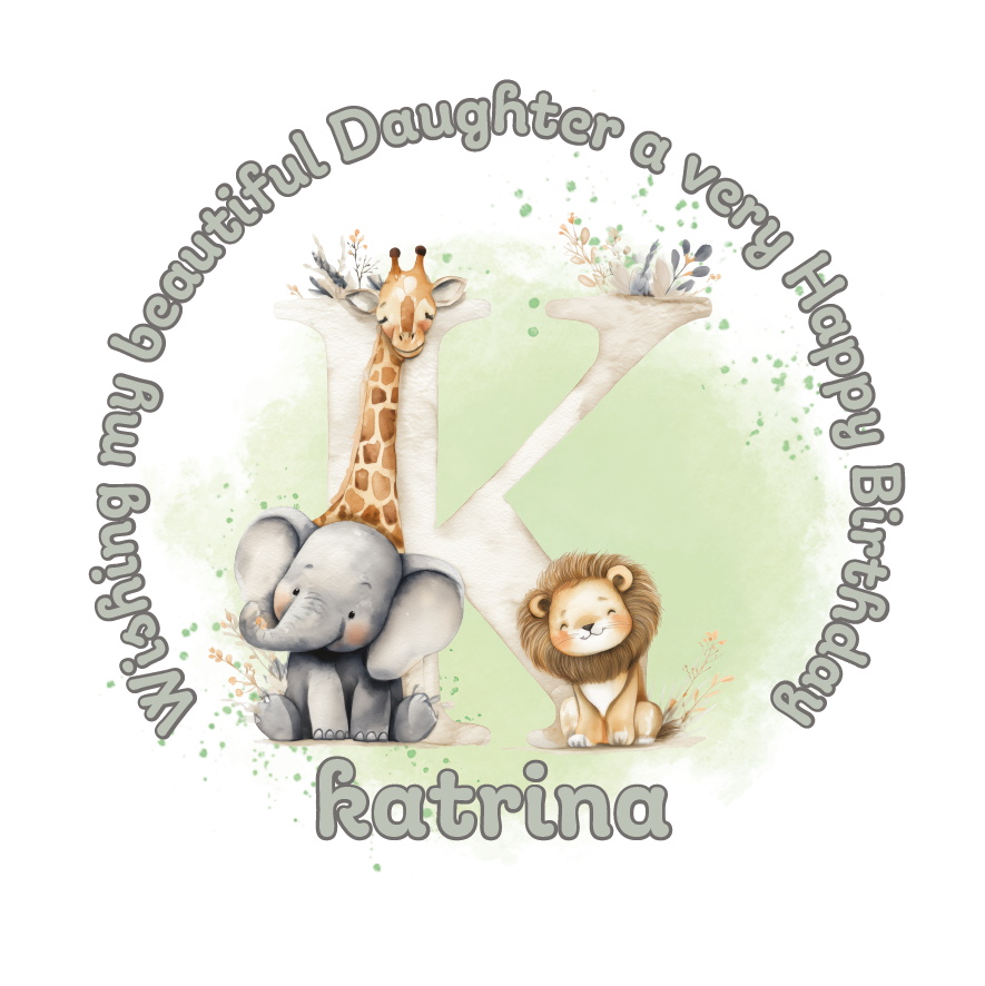 Illustration of a giraffe, elephant, and lion with a letter 'K' on a light green background, featuring birthday wishes  and personalised name, age and relation