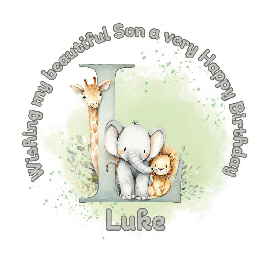 Illustration of a giraffe, elephant, and lion with a letter 'L' on a light green background, featuring birthday wishes  and personalised name, age and relation