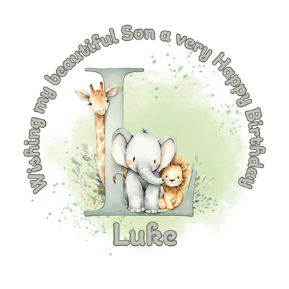 Illustration of a giraffe, elephant, and lion with a letter 'L' on a light green background, featuring birthday wishes  and personalised name, age and relation