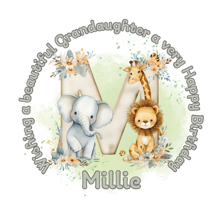 Illustration of a giraffe, elephant, and lion with a letter 'M' on a light green background, featuring birthday wishes  and personalised name, age and relation