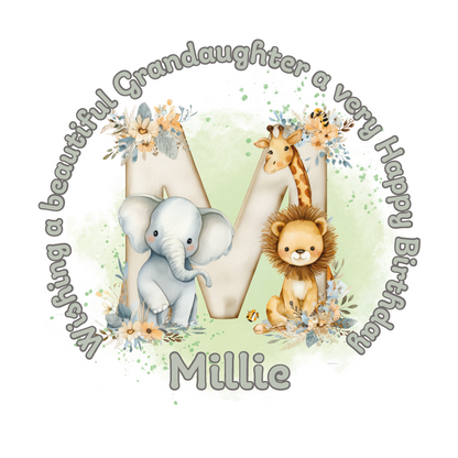 Illustration of a giraffe, elephant, and lion with a letter 'M' on a light green background, featuring birthday wishes  and personalised name, age and relation