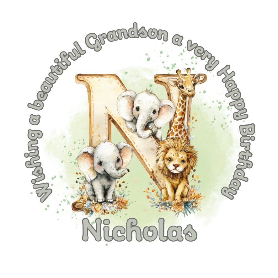 Illustration of a giraffe, elephant, and lion with a letter 'N' on a light green background, featuring birthday wishes  and personalised name, age and relation