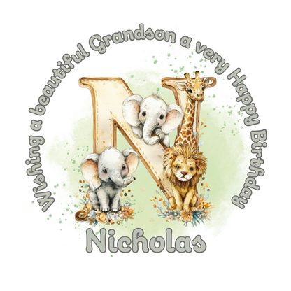 Illustration of a giraffe, elephant, and lion with a letter 'N' on a light green background, featuring birthday wishes  and personalised name, age and relation