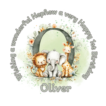 Illustration of a giraffe, elephant, and lion with a letter 'O' on a light green background, featuring birthday wishes  and personalised name, age and relation
