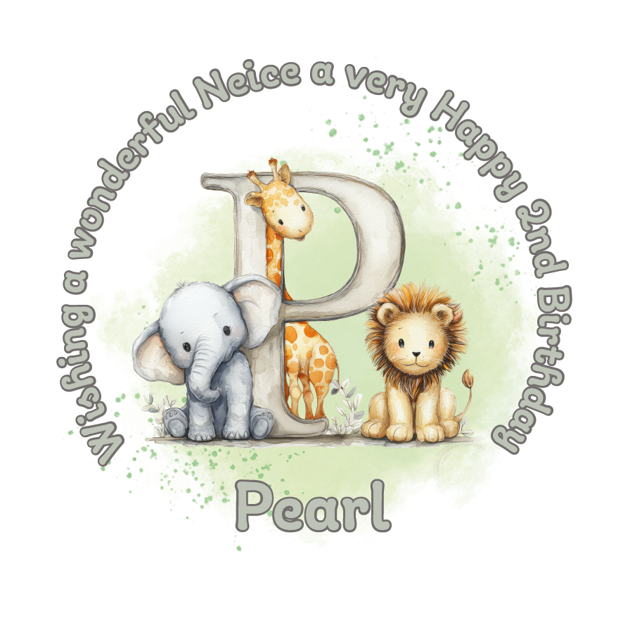 Illustration of a giraffe, elephant, and lion with a letter 'P' on a light green background, featuring birthday wishes  and personalised name, age and relation