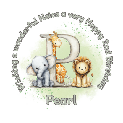Illustration of a giraffe, elephant, and lion with a letter 'P' on a light green background, featuring birthday wishes  and personalised name, age and relation