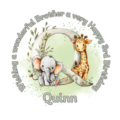 Illustration of a giraffe, elephant, and lion with a letter 'Q' on a light green background, featuring birthday wishes  and personalised name, age and relation