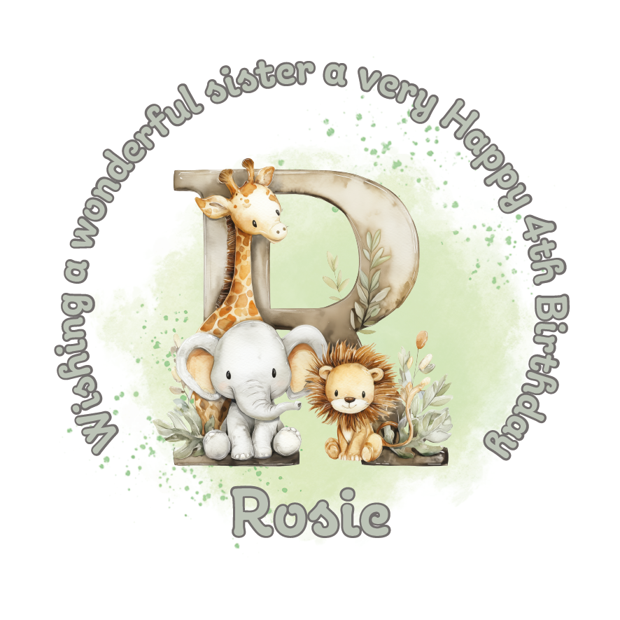Illustration of a giraffe, elephant, and lion with a letter 'R' on a light green background, featuring birthday wishes  and personalised name, age and relation