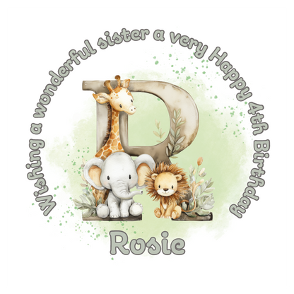 Illustration of a giraffe, elephant, and lion with a letter 'R' on a light green background, featuring birthday wishes  and personalised name, age and relation