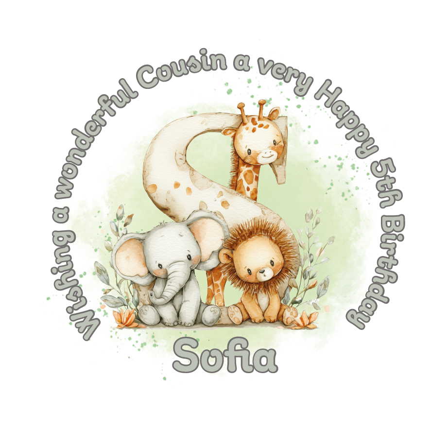Illustration of a giraffe, elephant, and lion with a letter 'S' on a light green background, featuring birthday wishes  and personalised name, age and relation