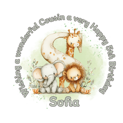 Illustration of a giraffe, elephant, and lion with a letter 'S' on a light green background, featuring birthday wishes  and personalised name, age and relation