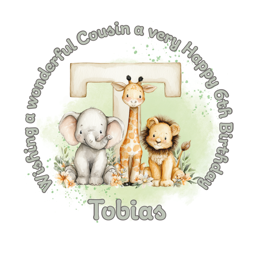 Illustration of a giraffe, elephant, and lion with a letter 'T' on a light green background, featuring birthday wishes  and personalised name, age and relation