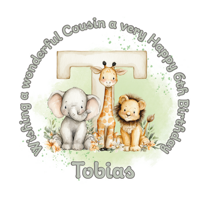Illustration of a giraffe, elephant, and lion with a letter 'T' on a light green background, featuring birthday wishes  and personalised name, age and relation