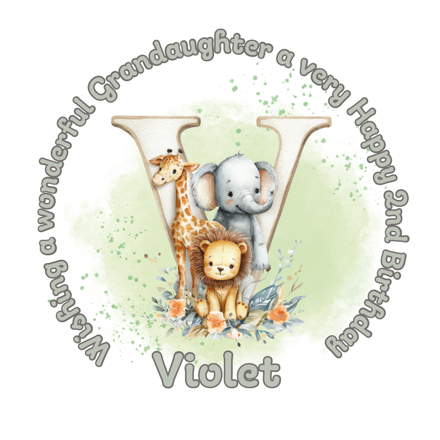 Illustration of a giraffe, elephant, and lion with a letter 'V' on a light green background, featuring birthday wishes  and personalised name, age and relation