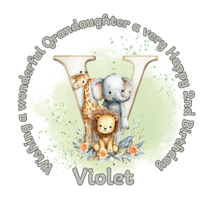Illustration of a giraffe, elephant, and lion with a letter 'V' on a light green background, featuring birthday wishes  and personalised name, age and relation