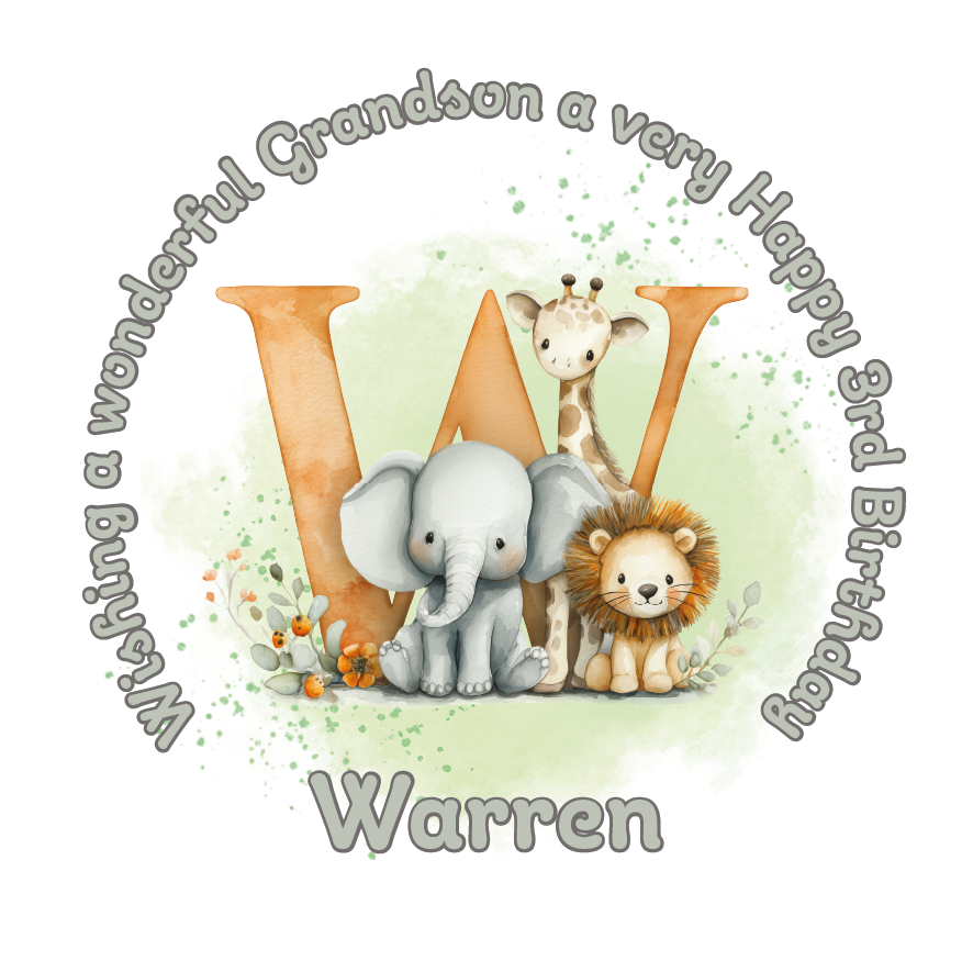 Illustration of a giraffe, elephant, and lion with a letter 'W' on a light green background, featuring birthday wishes  and personalised name, age and relation