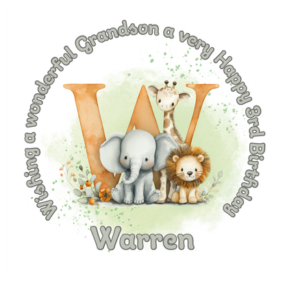 Illustration of a giraffe, elephant, and lion with a letter 'W' on a light green background, featuring birthday wishes  and personalised name, age and relation