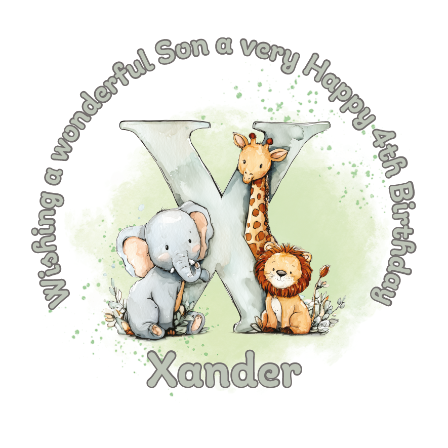 Illustration of a giraffe, elephant, and lion with a letter 'X' on a light green background, featuring birthday wishes  and personalised name, age and relation