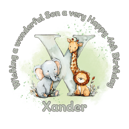 Illustration of a giraffe, elephant, and lion with a letter 'X' on a light green background, featuring birthday wishes  and personalised name, age and relation