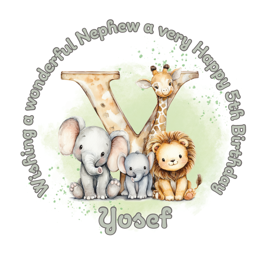 Illustration of a giraffe, elephant, and lion with a letter 'Y' on a light green background, featuring birthday wishes  and personalised name, age and relation