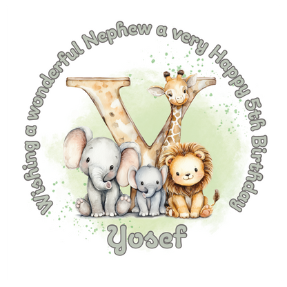 Illustration of a giraffe, elephant, and lion with a letter 'Y' on a light green background, featuring birthday wishes  and personalised name, age and relation