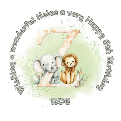 Illustration of a giraffe, elephant, and lion with a letter 'Z' on a light green background, featuring birthday wishes  and personalised name, age and relation