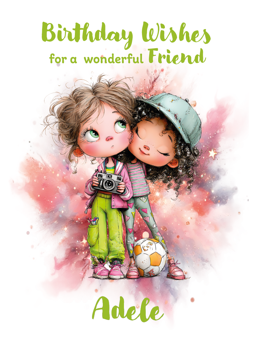 Illustration of two children hugging with text 'Birthday Wishes for a wonderful Friend'  and personalised with name.  on a colorful background.