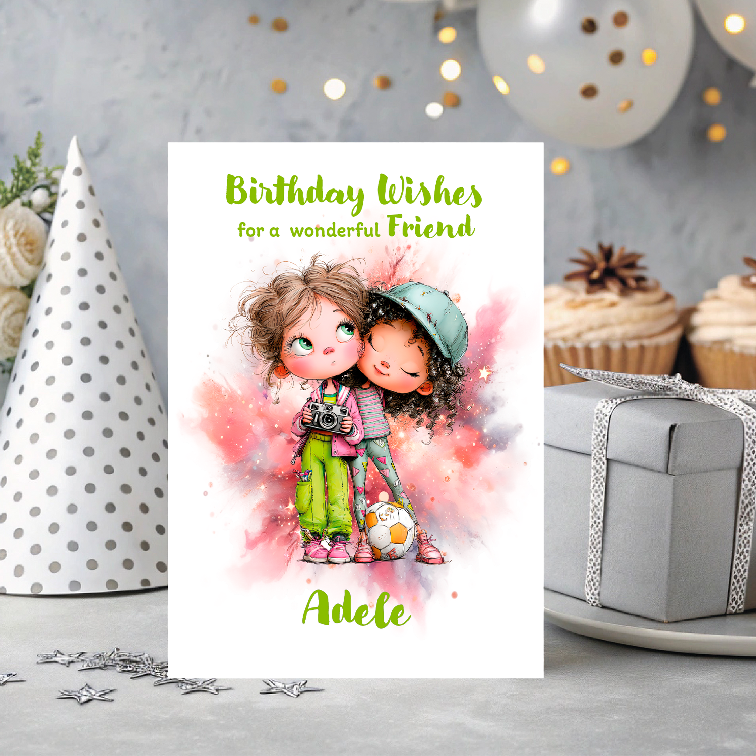 Birthday card with two children hugging and the text 'Birthday Wishes for a wonderful Friend Adele' on a decorative background with balloons and a gift.
