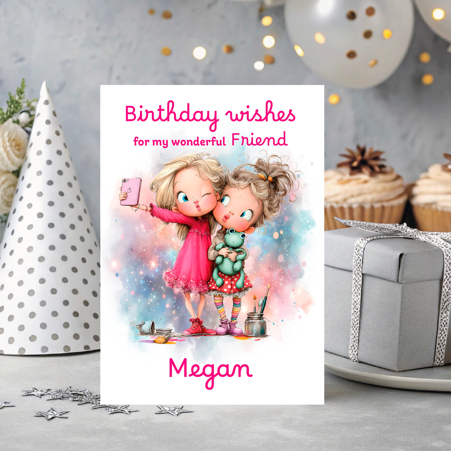 Birthday card with two cartoon girls hugging, surrounded by festive decorations including balloons and a cake.