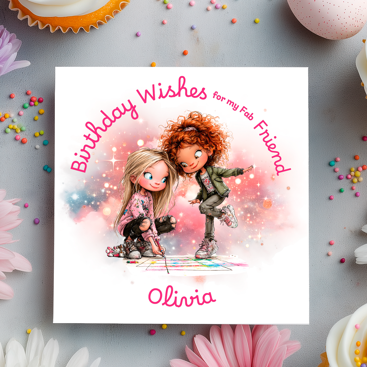 Birthday card with cartoon characters and 'Birthday Wishes for my fab friend Olivia' text on a decorative background.