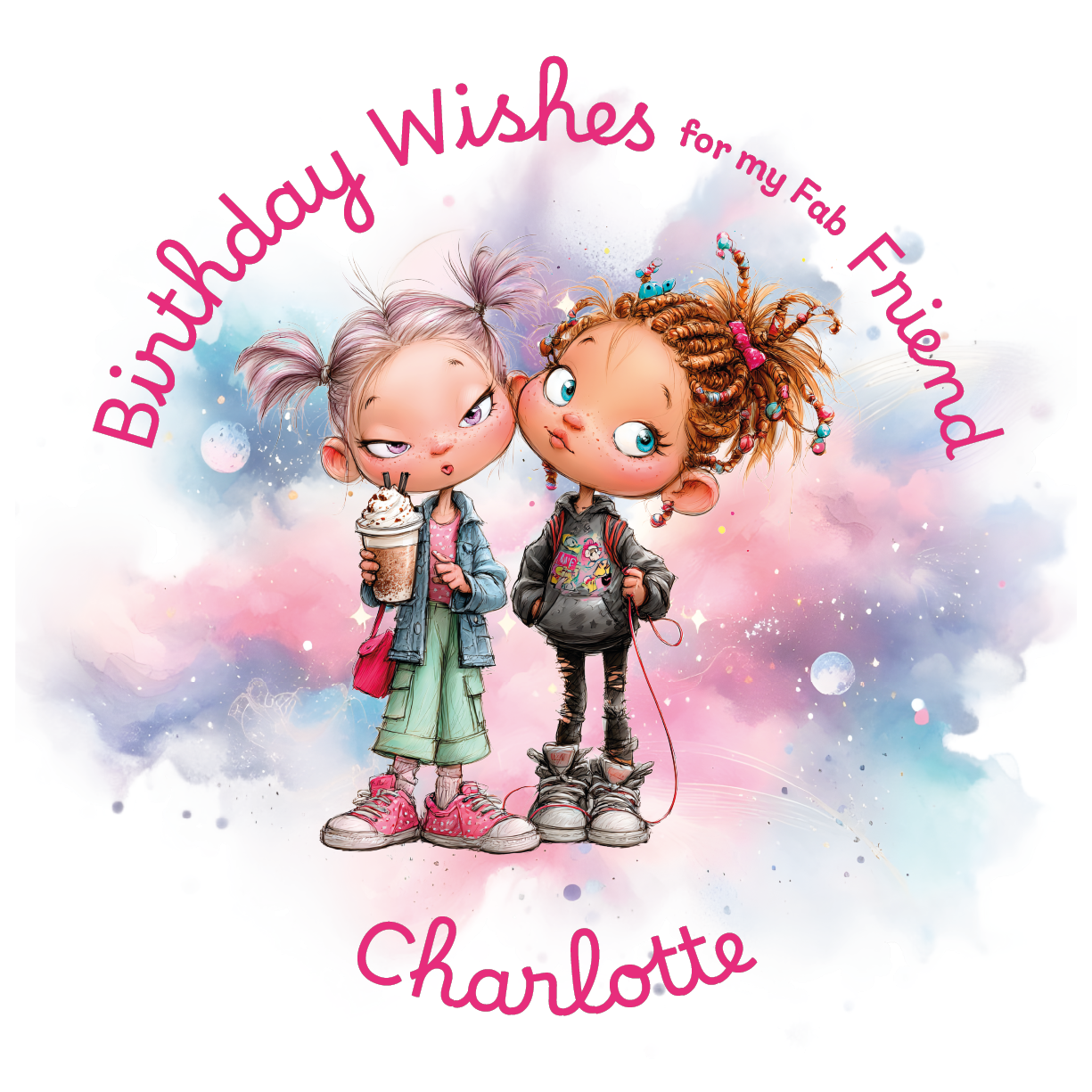 Cartoon illustration of two friends with 'Birthday Wishes for my Fab Friend' text  and personalised with name on a colorful background.