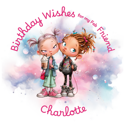 Cartoon illustration of two friends with 'Birthday Wishes for my Fab Friend' text  and personalised with name on a colorful background.