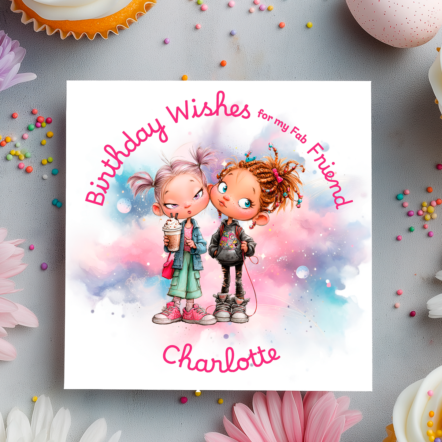 Birthday card with two illustrated characters and 'Birthday Wishes for my fab friend Charlotte' text, surrounded by colorful candies and flowers.