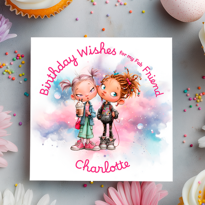 Birthday card with two illustrated characters and 'Birthday Wishes for my fab friend Charlotte' text, surrounded by colorful candies and flowers.