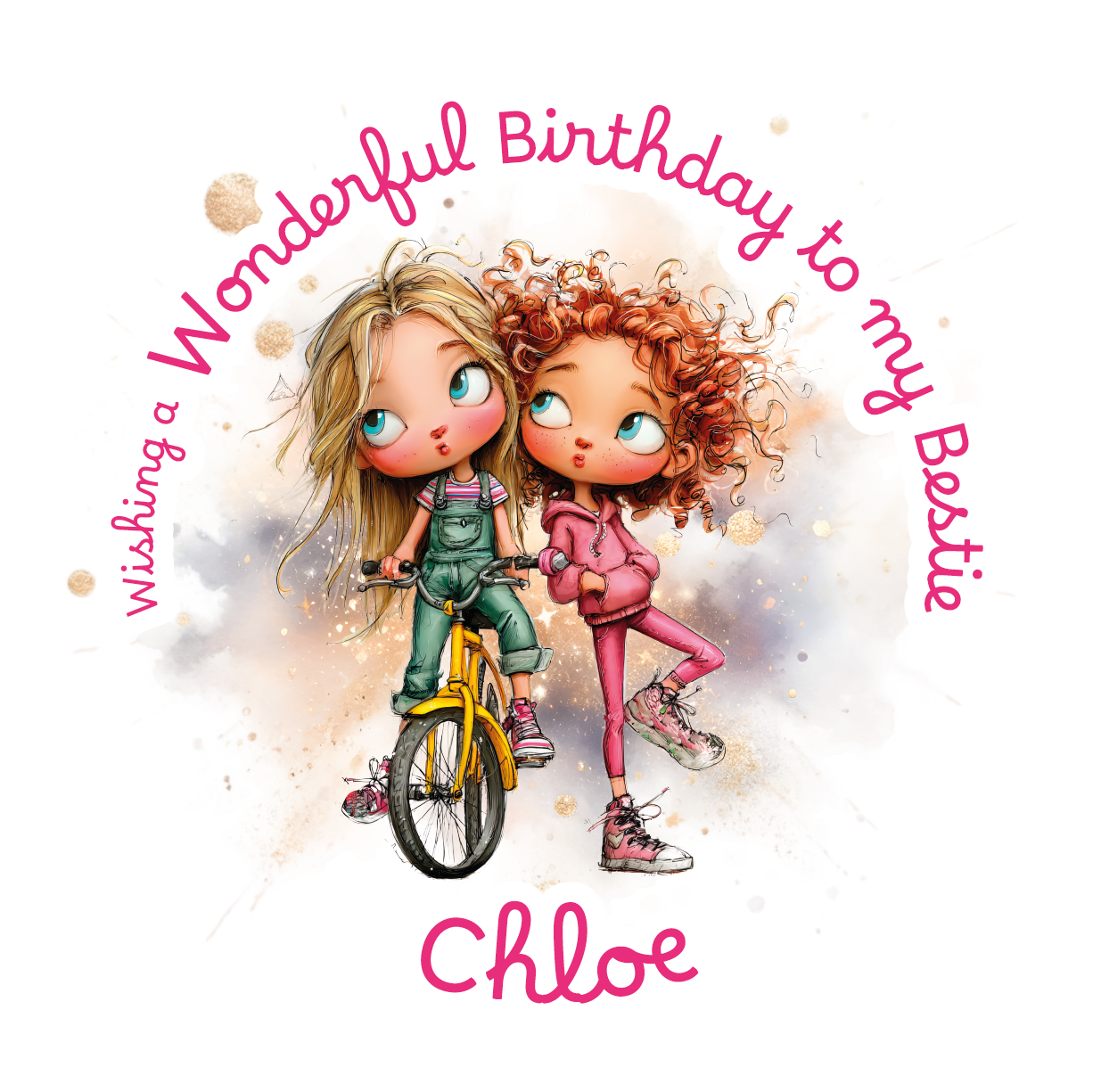 Cartoon illustration of two girls on a bike with 'Wonderful Birthday to my Bestie' text  and personalised with name on a colourful background .