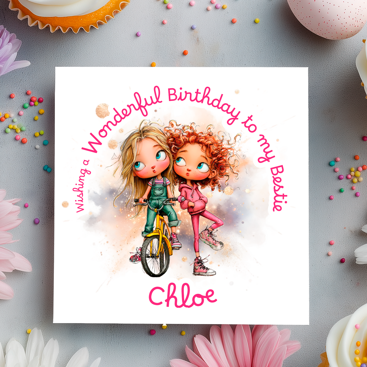 Birthday card with two girls on a bike, surrounded by colorful confetti and flowers.