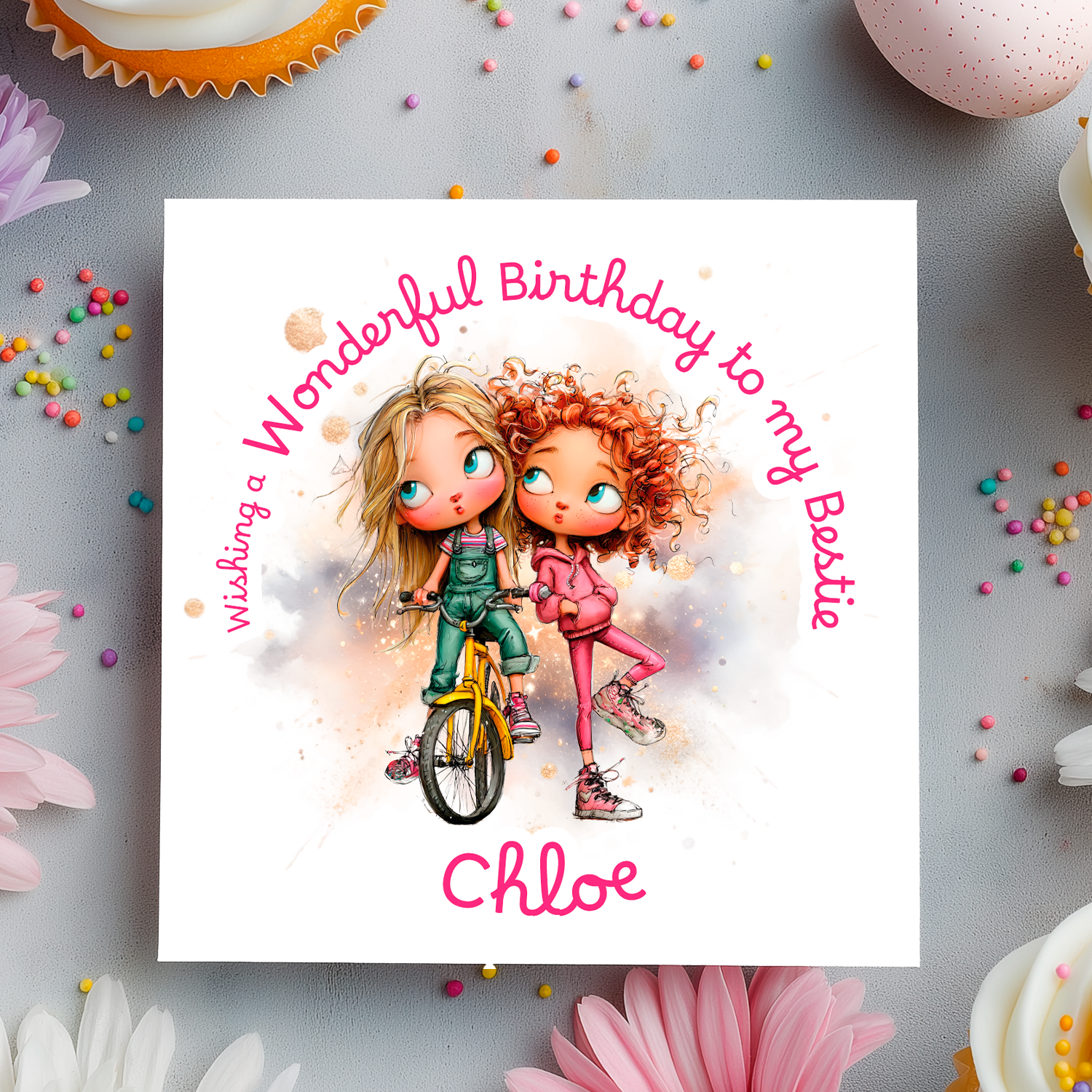 Birthday card with two girls on a bike, surrounded by colorful confetti and flowers.