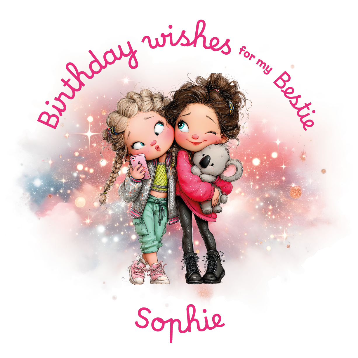 llustration of two girls hugging  and taking a selfie with 'Birthday wishes for my bestie' text and personalised with name on a colorful background.