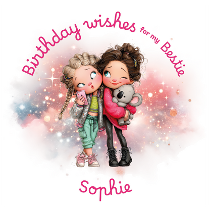 llustration of two girls hugging  and taking a selfie with 'Birthday wishes for my bestie' text and personalised with name on a colorful background.