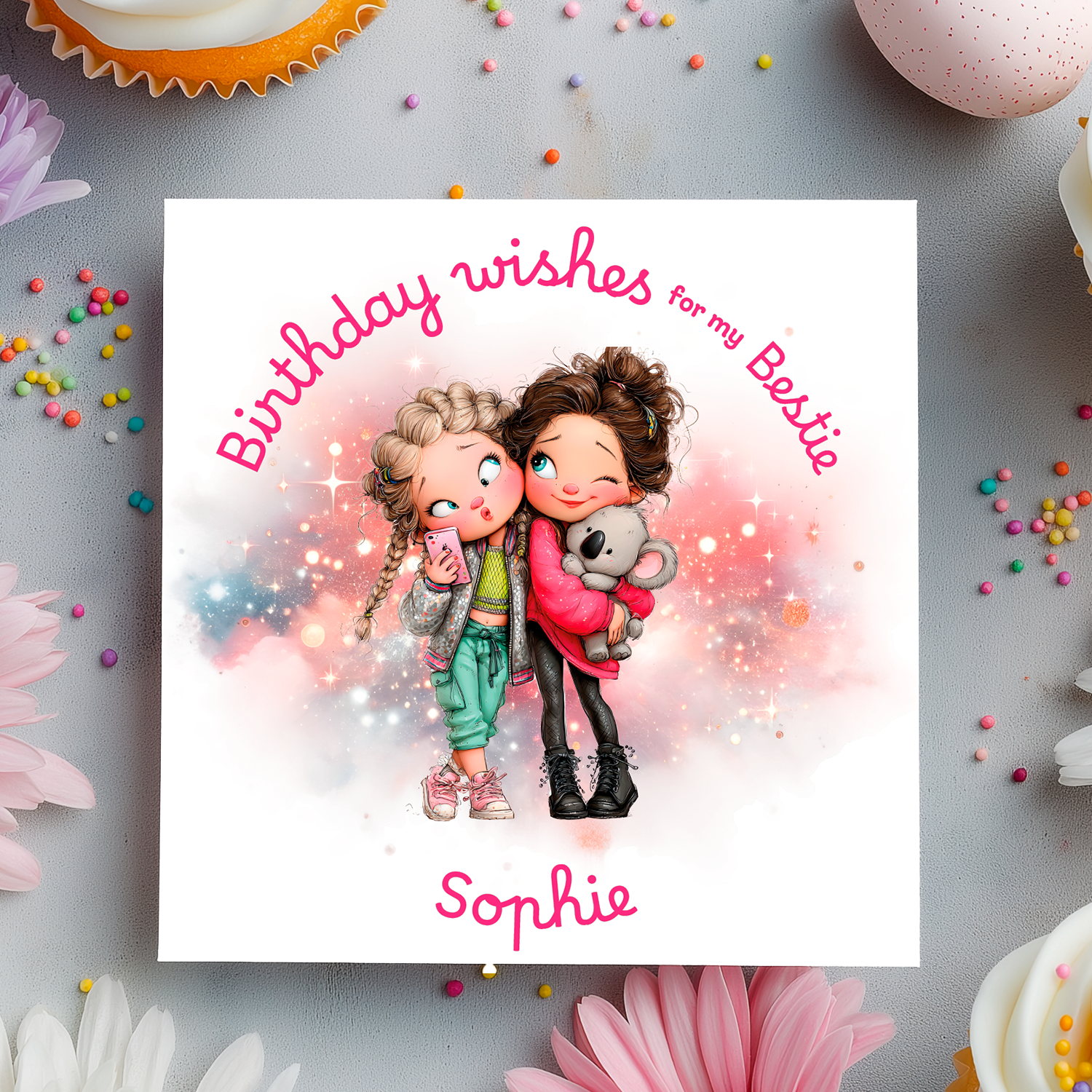 Birthday card with cartoon characters and 'Birthday wishes for my Bestie Sophie' text, surrounded by colorful confetti and flowers.
