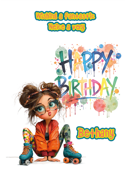 Colorful birthday card with a cartoon character on skates and 'Happy Birthday' and personalised name and relation  text.