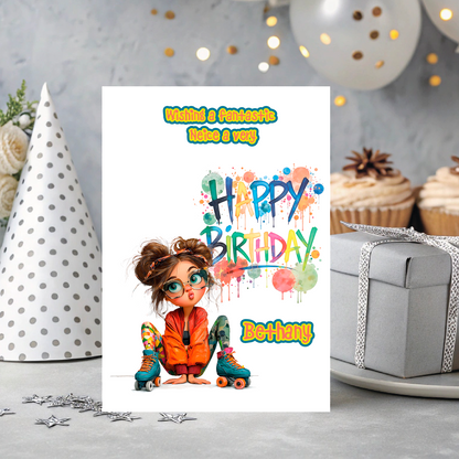 Birthday card with cartoon character on skates and colorful text, placed on a decorative surface with balloons and gift.