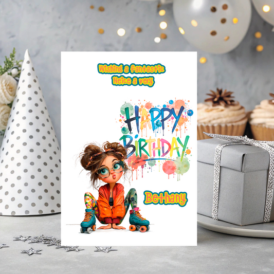 Birthday card with cartoon character on skates and colorful text, placed on a decorative surface with balloons and gift.