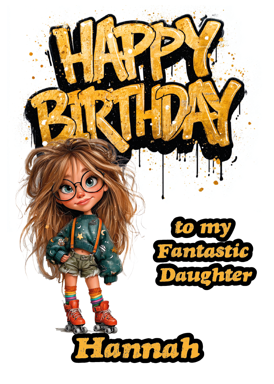 Birthday card with a cartoon Girl on skates  and 'Happy Birthday' text, and personalised with name and relation. placed on a festive background with balloons and a gift.
