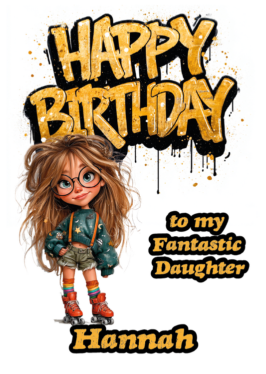 Birthday card with a cartoon Girl on skates  and 'Happy Birthday' text, and personalised with name and relation. placed on a festive background with balloons and a gift.