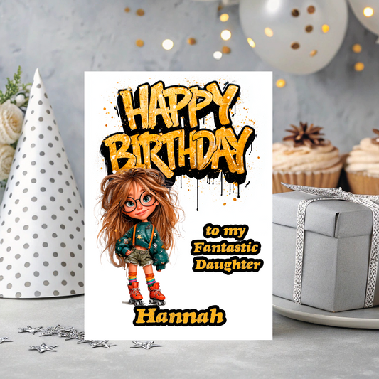 Birthday card with a cartoon girl on skates and 'Happy Birthday' text, and personalised name and relation text. placed on a festive background with balloons and a gift.