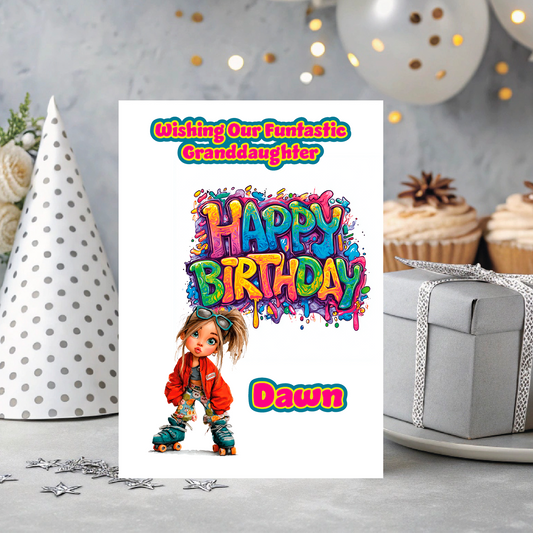 Birthday card with a cartoon Girl on skates  and 'Happy Birthday' text, and personalised with name and relation. placed on a festive background with balloons and a gift.
